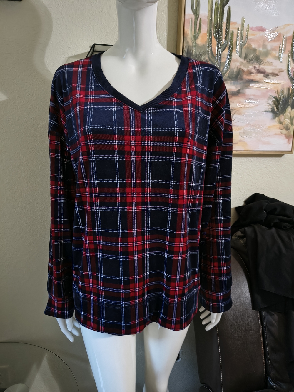 Nautica Red and Navy Plaid Long-Sleeve Sleep Top